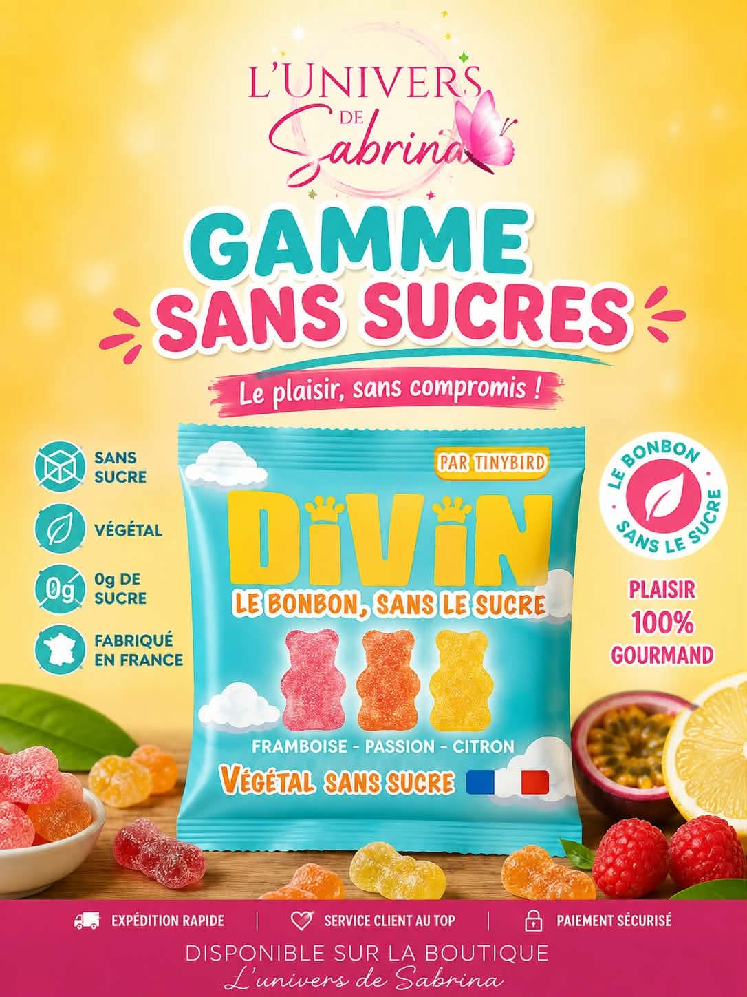 BONBON DIVIN SANS SUCRES, FAIBLE EN CALORIE ET VEGETAL