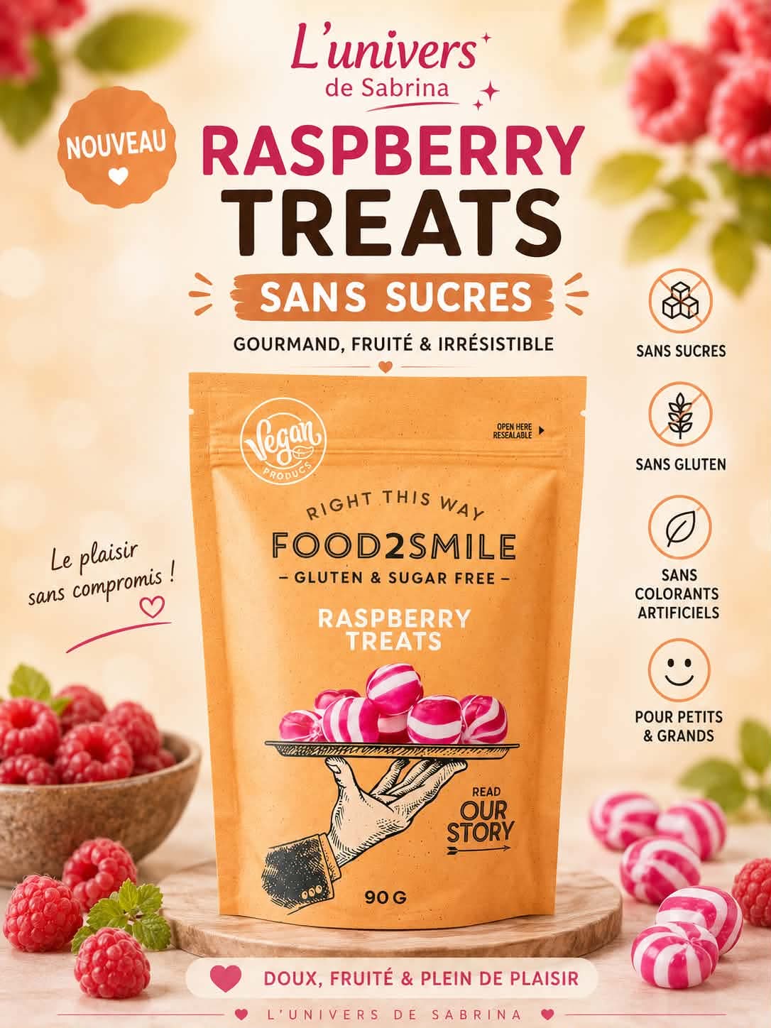 BONBON SANS SUCRE FRIANDISES A LA FRAMBOISE 90G